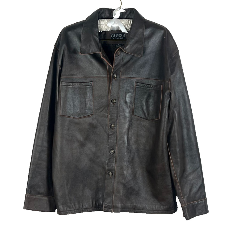 Vtg Guess Classic Leather Jacket Men's Size M Dark Brown